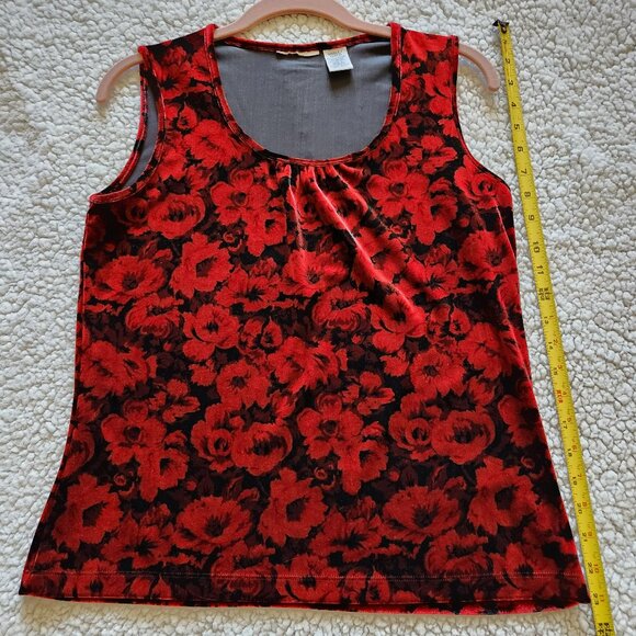 VINTAGE Red and Black Velvet Floral Blouse Sleeveless Size Small Occasion Top - Picture 3 of 5